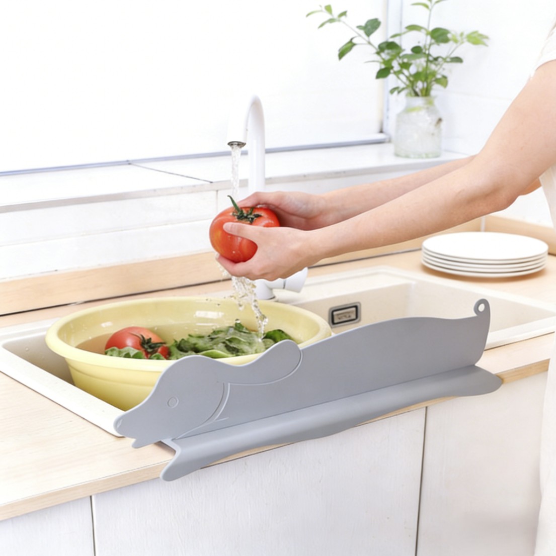 Grey Dachshund Dog Shaped Sink Splash Guard in Use | Kitchen Water Blocker sink splash guard, grey dog sink guard, silicone anti-splash tool, pet lover kitchen essentials, home cleaning accessories