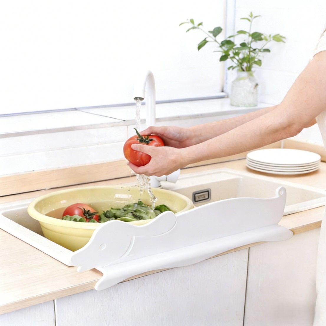 White Dachshund Dog Shaped Sink Splash Guard in Use | Keep Counter Dry sink splash guard, white dog sink guard, kitchen water splash blocker, cute kitchen accessories, pet friendly home goods